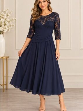 Jessica Howard Navy Lace Bodice Midi Dress, size 12.